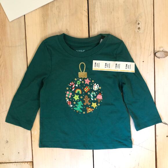 Cat & Jack NWT Toddler Girl's Green Christmas Ornament Tee Long Sleeve 12M - Picture 1 of 7